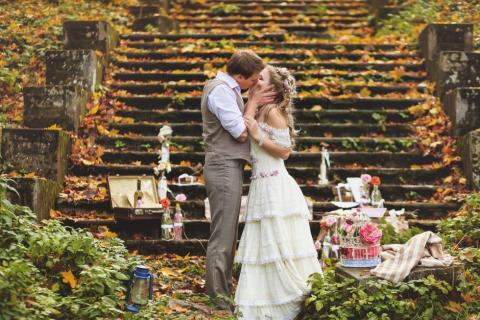 A bride and groom kissing